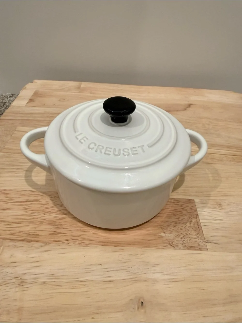 Le Creuset White Stoneware Mini Cocotte with Black Knob